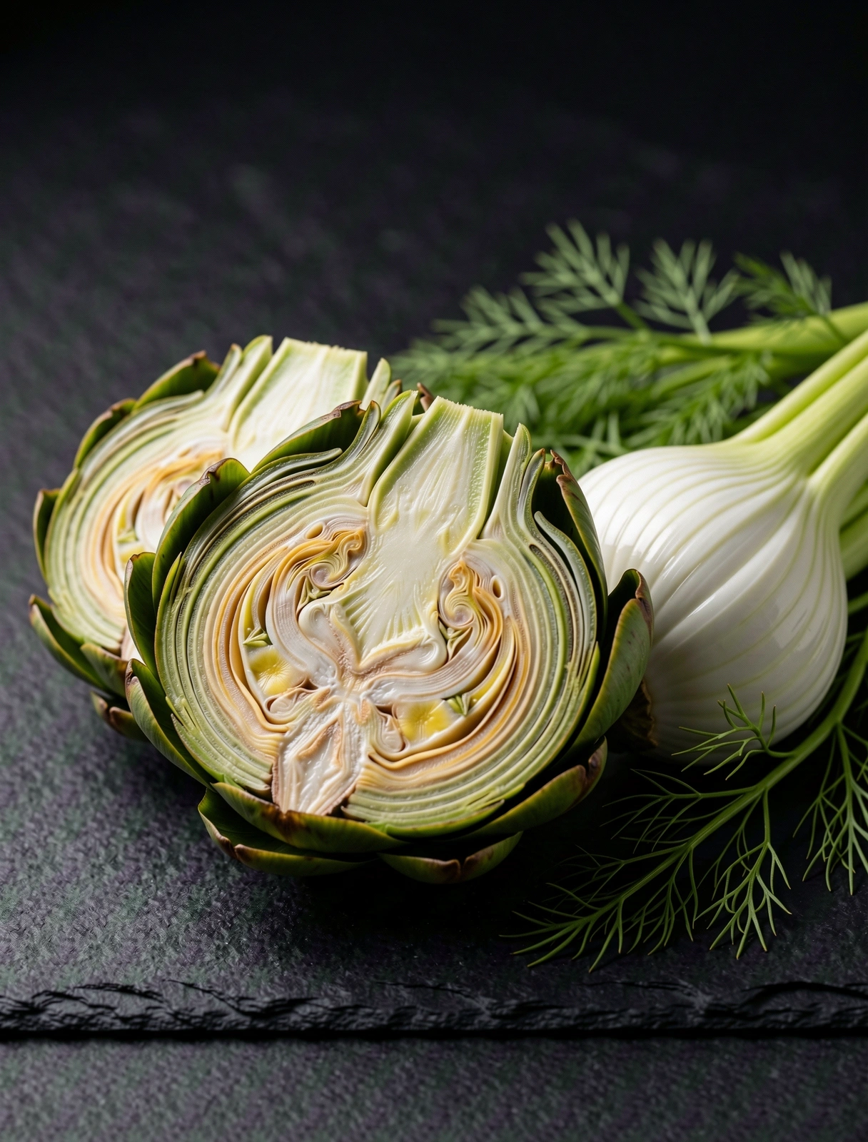 Macro portrait of fresh artichokes and fennel